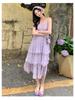 Women's Summer Chiffon Lace-Trim Spaghetti Strap Long Dress - Sweet, Waist-Cinching Style