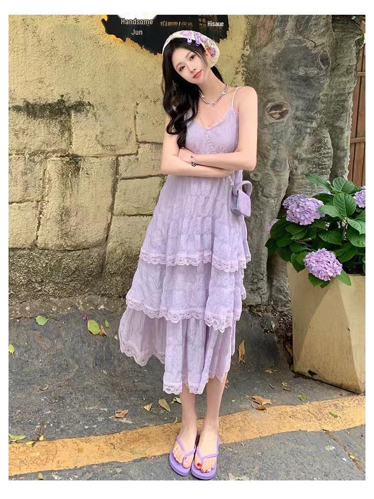Women's Summer Chiffon Lace-Trim Spaghetti Strap Long Dress - Sweet, Waist-Cinching Style