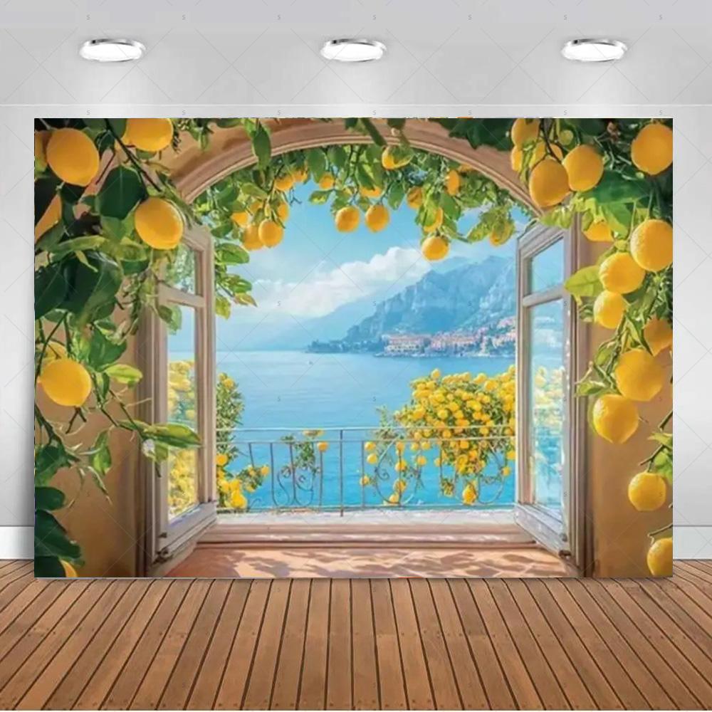 Seaside Town Lemon Tree Background Banner Open Window Landscape Backdrop Supplies Photography Prop Birthday Party Decorations