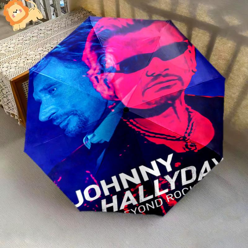 1pc Johnny Hallyday Pattern Umbrella Portable Folding Umbrella Iron Frame Hole Bone Structure Outdoor Home Umbrella