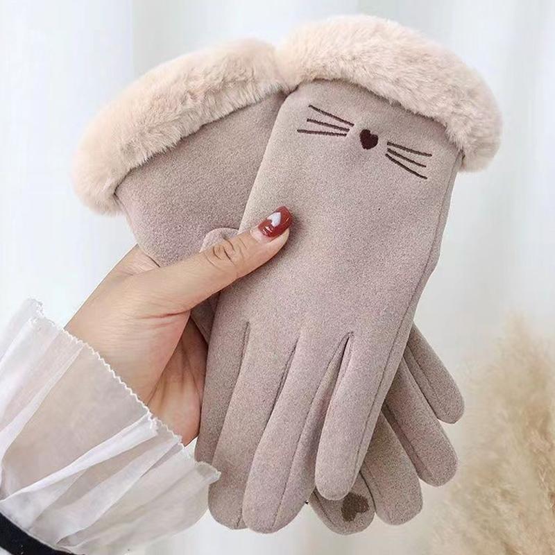 Winter Rabbit Fur Mouth Full Finger Touch Screen Mittens Plus Velvet Warm Gloves For Women