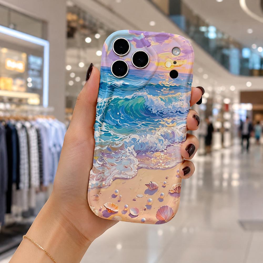 Ocean Wave And Seashell Pattern Wavy Edge Phone Case For iPhone 17 16 15 14 13 12 11 Pro Max Plus 8 7 Shockproof Cover