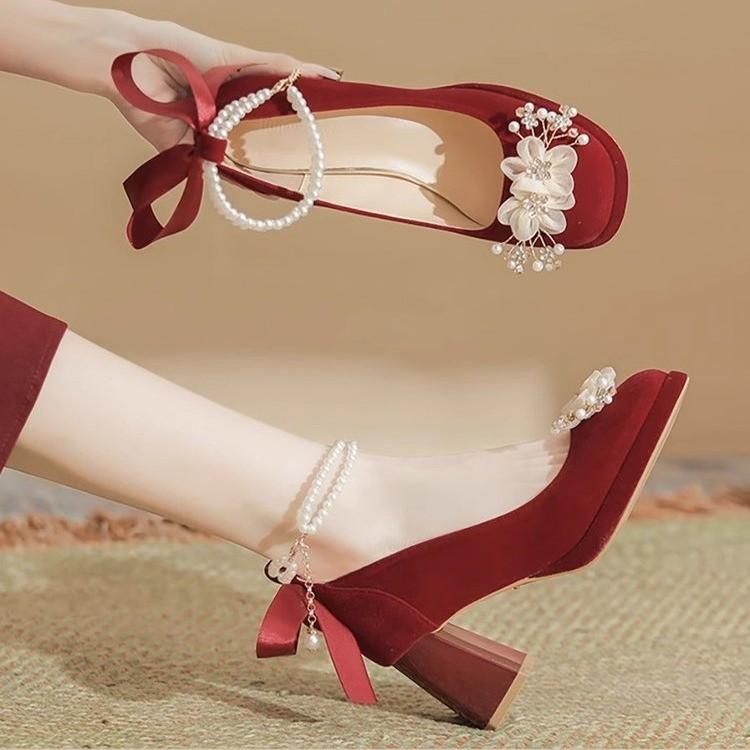 Bow Mary Jane high heels women's thick heel waterproof table platform platform small man height increase wedding shoes sister group bridesmaid shoes