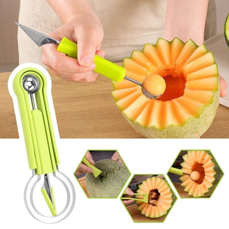 Multifunktionales Melonenkugelausstecher- und Schnitzmesserset Edelstahl Fruchtspatel Wassermelonen- und Cantaloupe-Schneider Küchenwerkzeuge