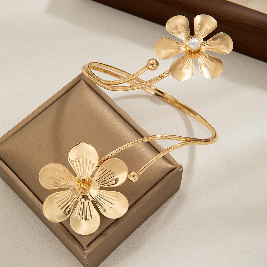 1 Piece Double Flower Imitation Pearl Open Anklet, Adjustable Summer Beach Accessory, Niche Design Ankle Ornament