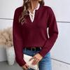 Autumn and Winter Fashion Lace V-neck Sweater Solid Color Loose Long Sleeve Women's Knitted Sweater