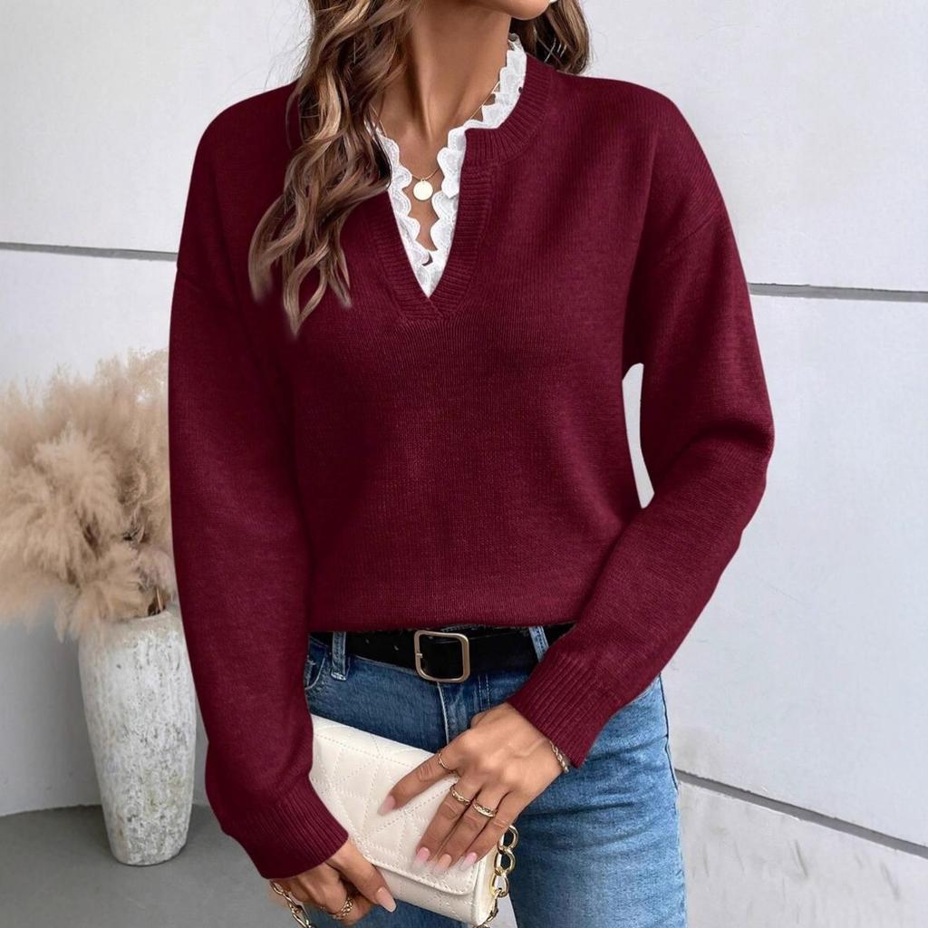 Autumn and Winter Fashion Lace V-neck Sweater Solid Color Loose Long Sleeve Women's Knitted Sweater