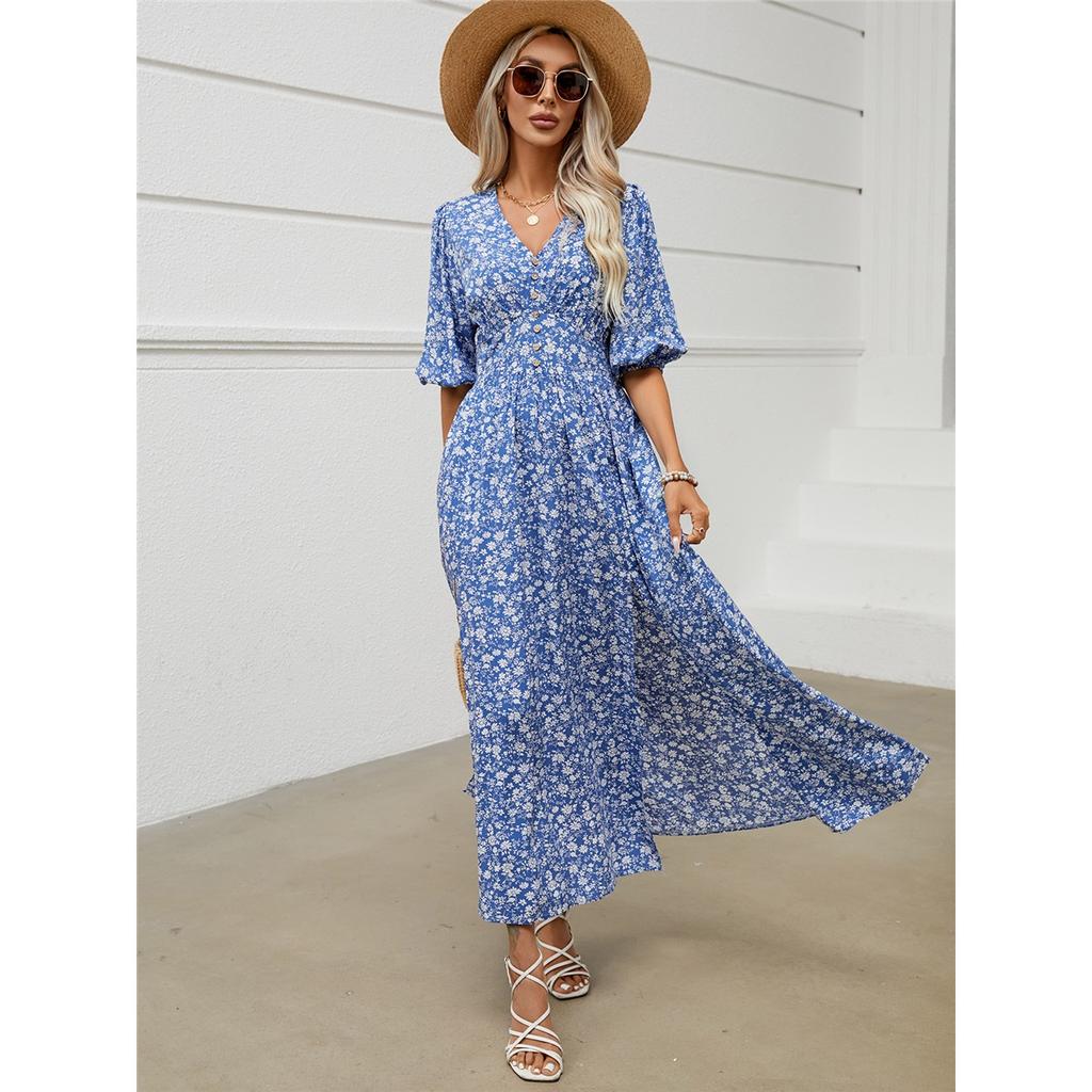 Tooxika Summer New V-neck Lantern Sleeve Waist Dress Resort Style Split Bohemian Beach Skirt