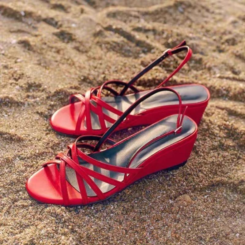 Cowhide version~ French niche wedge with thin strap open toe one-word strap sandals women's summer versatile beach sandals