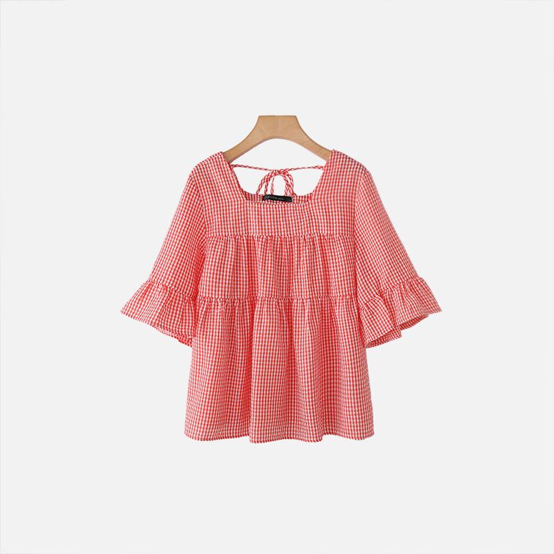 ZANZEA Women Casual Square Collar Plaid Print Loose 3/4 Sleeve Blouse S