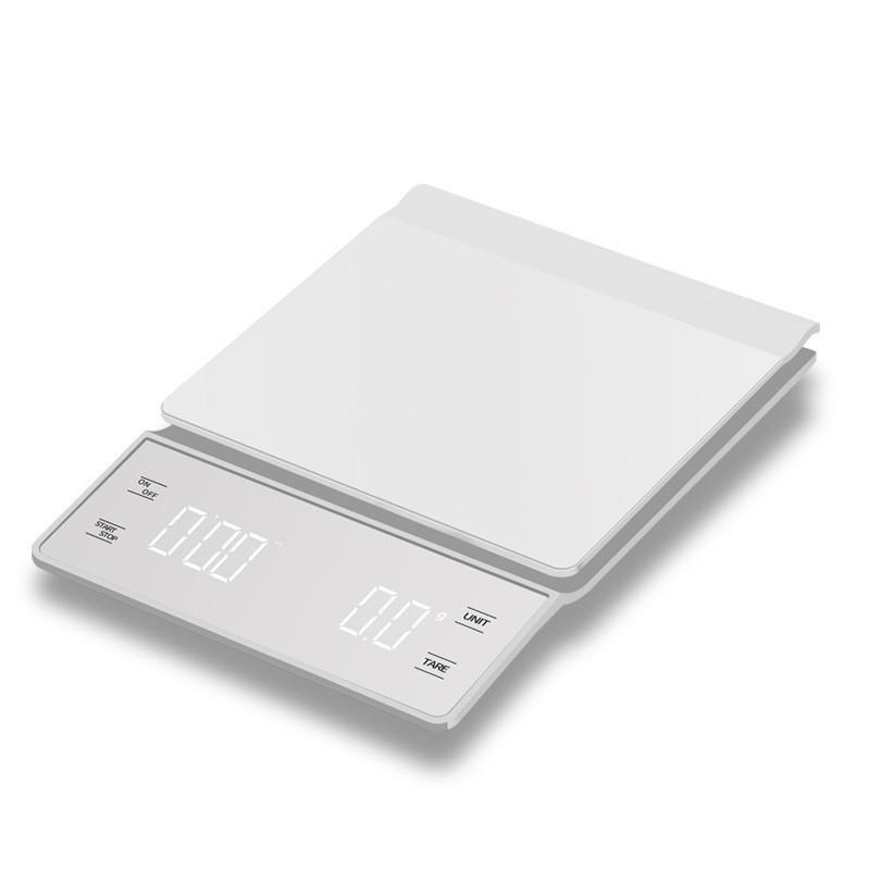 Rechargeable Hand Drip Coffee Scale with LED Touch Screen, 3KG Capacity, and Timer for Home and Commercial Use.