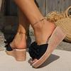 Fashion European American Slope Heel Slippers 2024 Summer New Flower Decoration Square Head One Word Large High Heel Women's Slippers