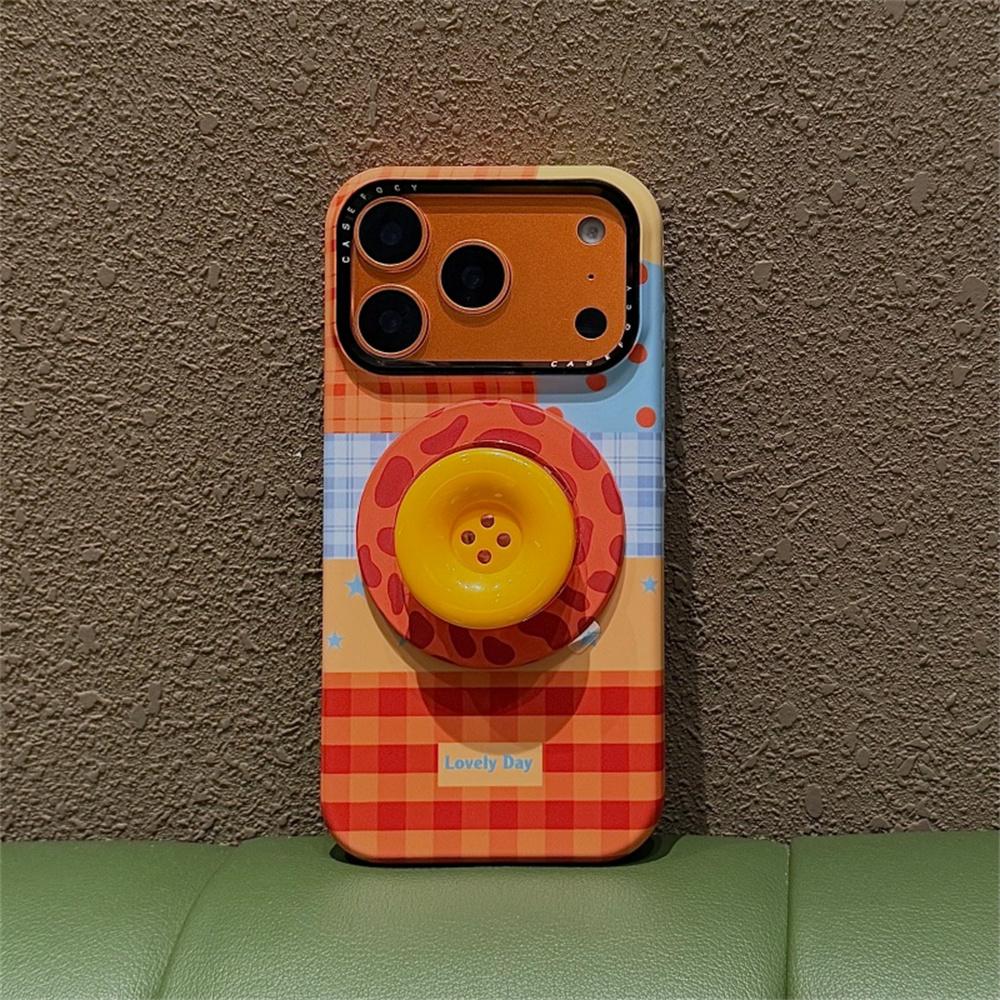 Korean Plaid Pattern Stripes Magnetic Phone Case For iPhone 17 Pro 16 15 14 Pro Max Cover with Cute Button Stand Hard Cases Fund