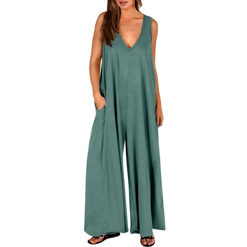 Women s Summer Solid-Color V-Neck Casual Loose-Fit Sleeveless Jumpsuit S