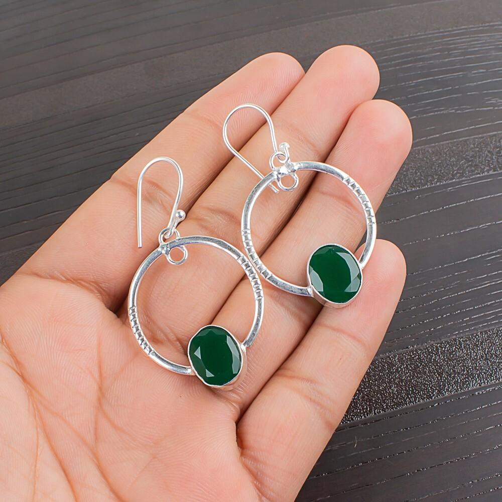 Green Onyx Gemstone 925 Sterling Silver Jewelry Handmade Earrings 1.37" For Her EE-67-16