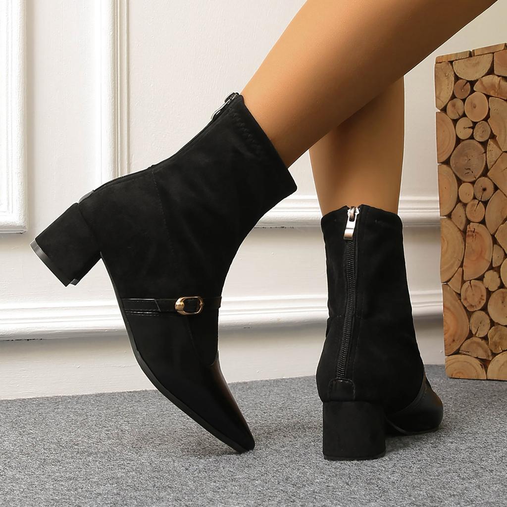 Women's And Winter Pointed Toe Thick Heel One Strap French Retro Solid Color Rear Zipper Ankle Boots Boots for Women Dressy