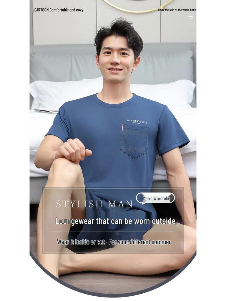 Herren Sommer Kühlendes Pyjama-Set - Kurzarm und Shorts, Lässige und Leichte Hauskleidung