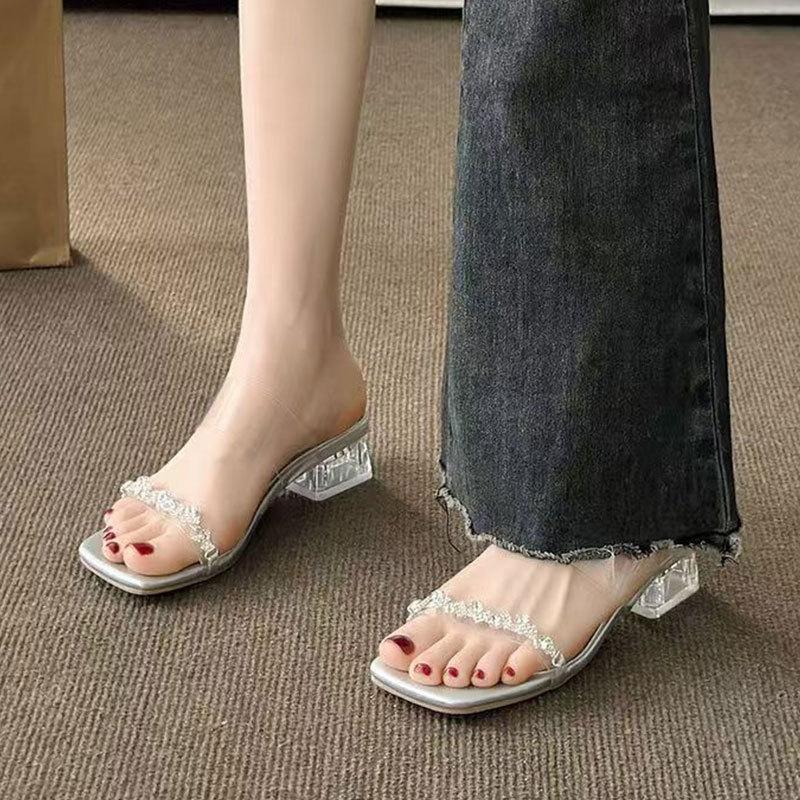 Cool slippers women's outer wear 2025 summer new thick heel rhinestone fairy wind with skirt crystal transparent middle heel slippers