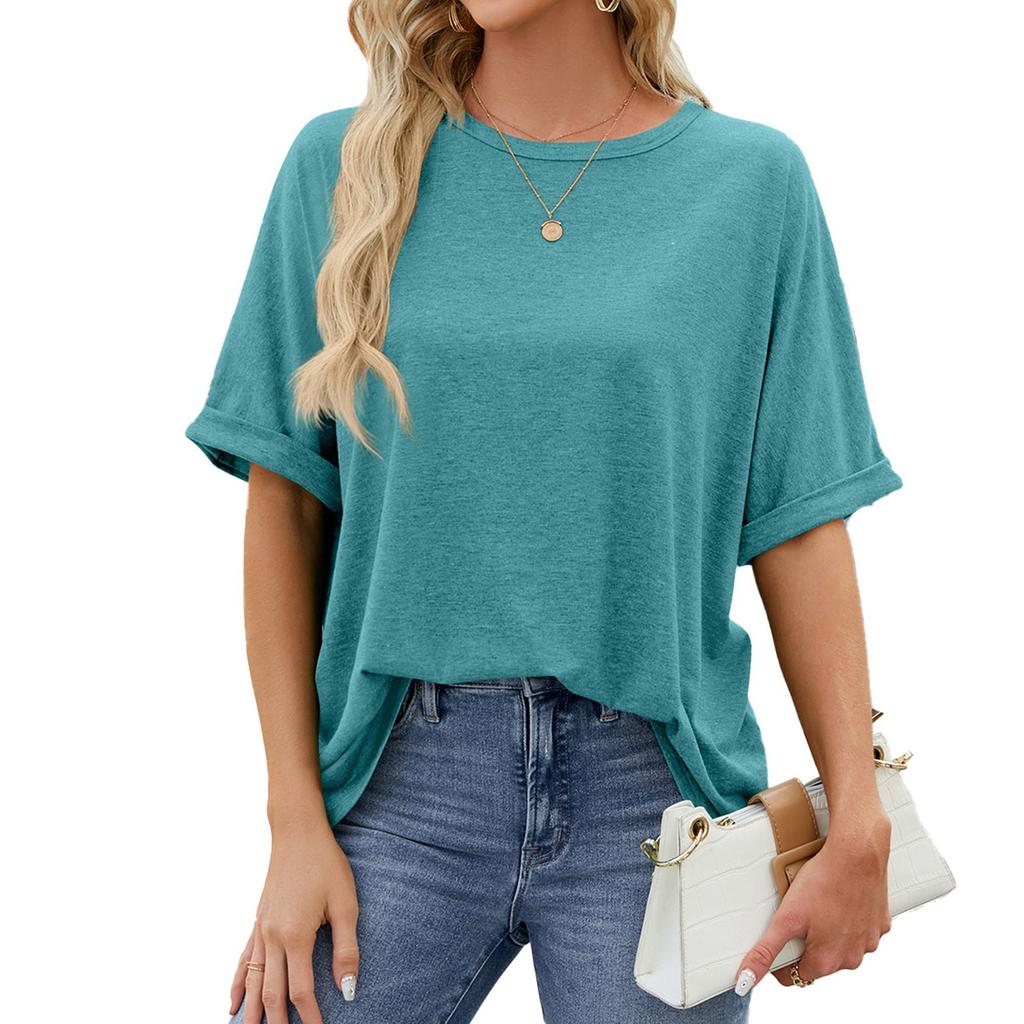 Women's Summer Solid Color Round Neck Large Size Loose Short Sleeve T-Shirt Solid Color Tops
