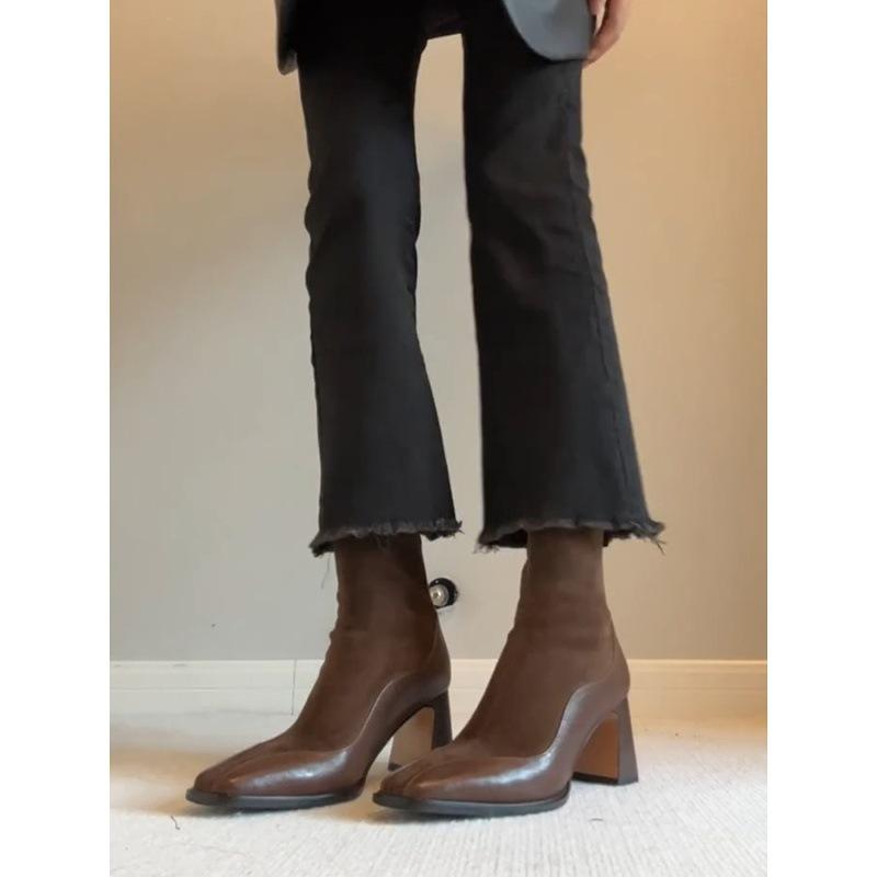 Cowhide version~ French leather elastic thin boots women's retro square head splicing socks boots high-heeled boots temperament short boots
