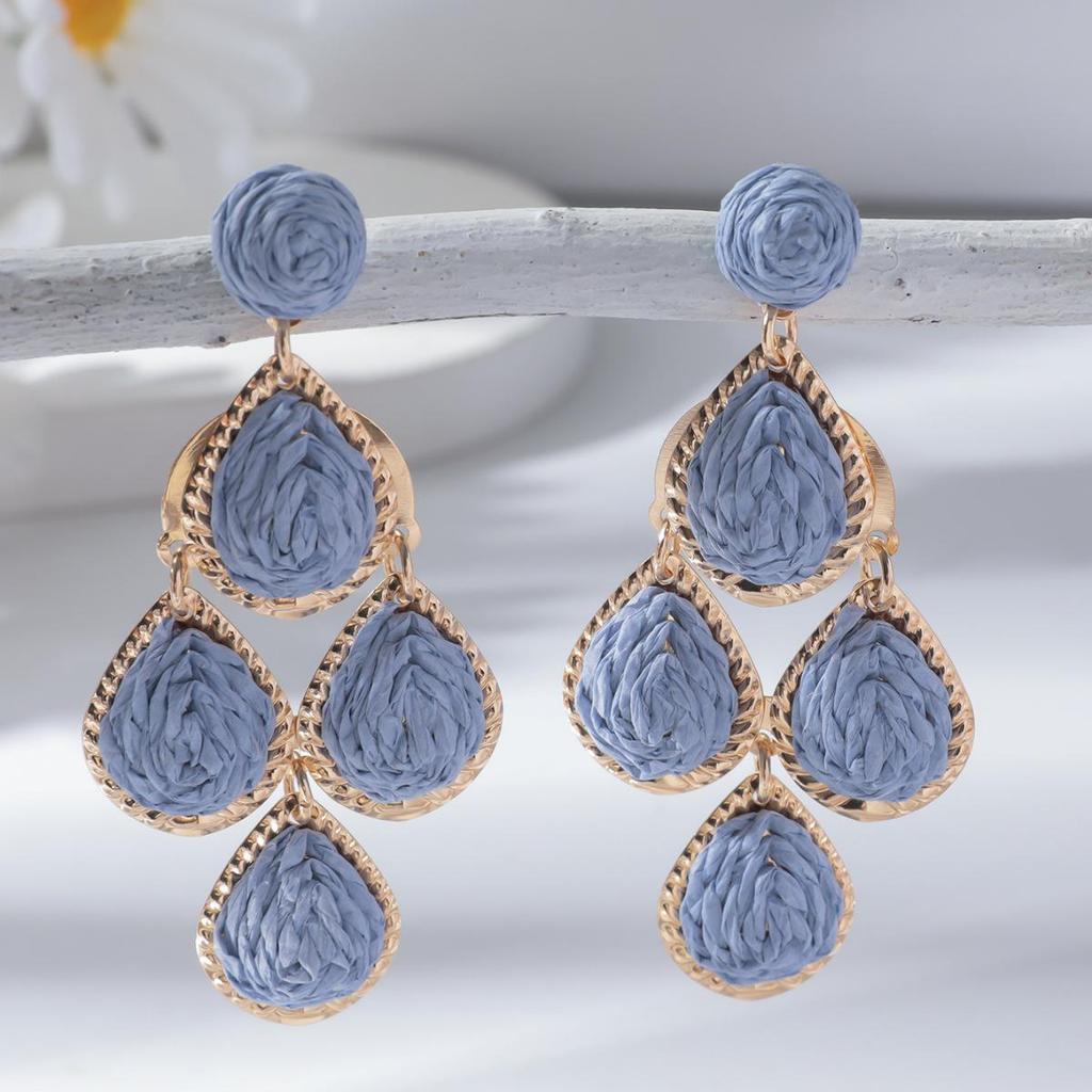 Raffia Water Drop Tassel Earrings - High-End European and American Style for Women