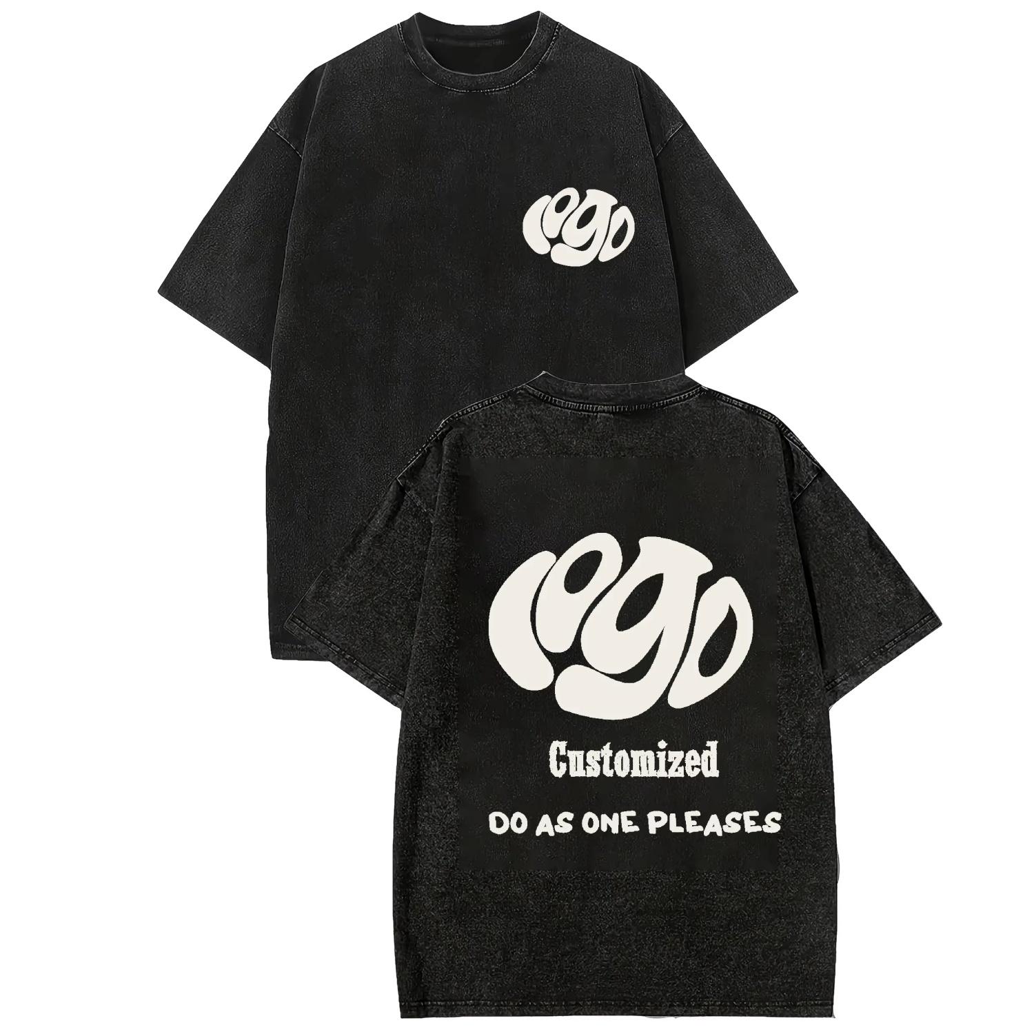 

Custom Your LOGO Hip Hop Streetwear Men 100% Cotton T-shirts Oversized Washed Top Tee Unisex Summer Retro Brand Personalized S чёрный