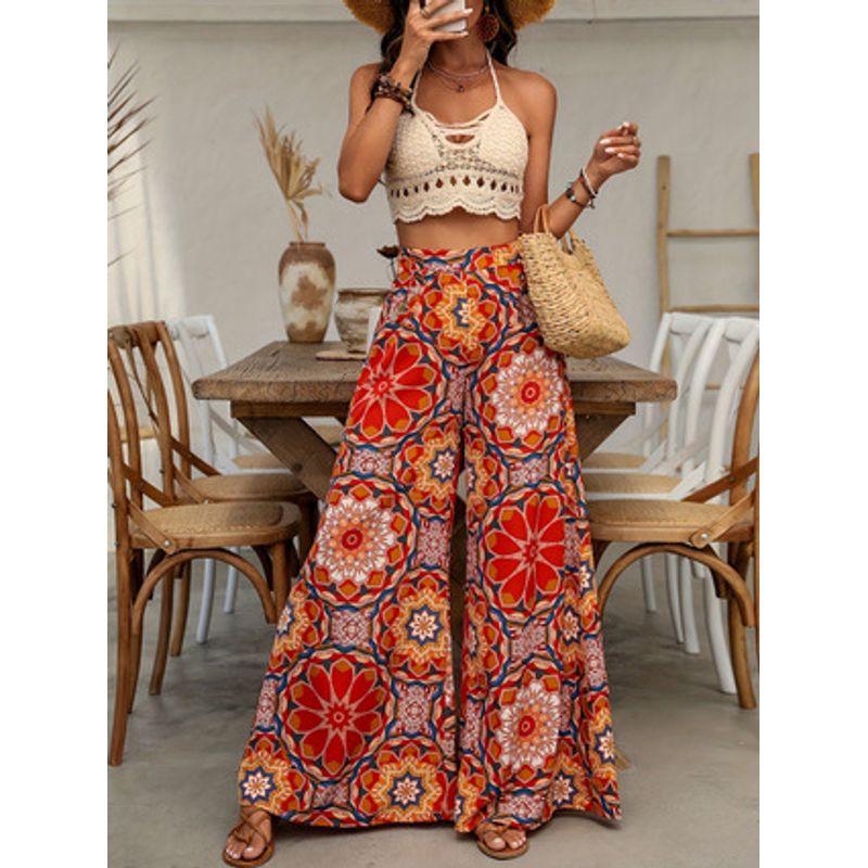 

Printed Casual High Waisted Wide Leg Pants Print High Waist Wide Leg Pants Orange Red S