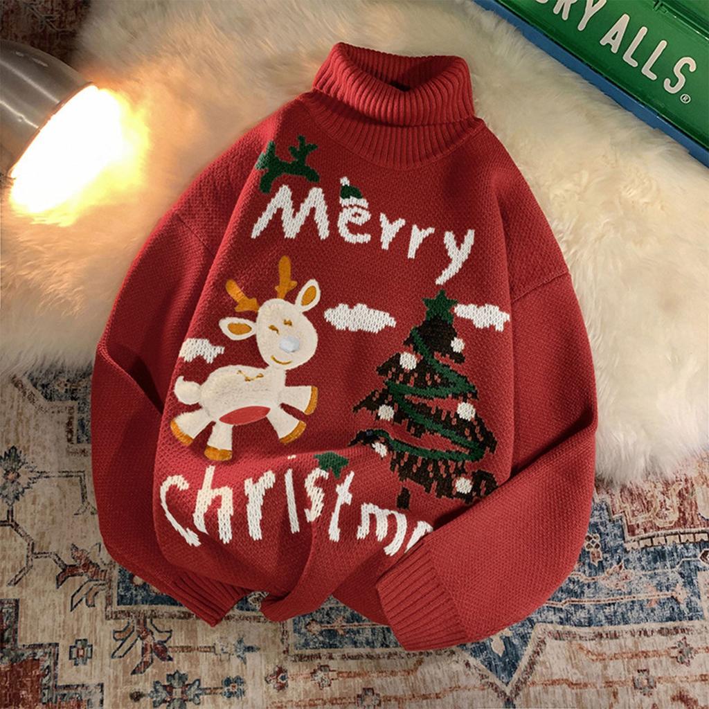 Damen-Winter-Pullover mit Stehkragen, Weihnachts-Hirsch-Druck-Pullover-Oberteil