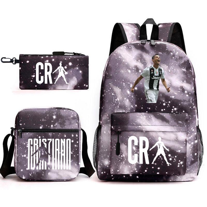 Football Star Teenager Student Schoolbag Ronaldo Pattern Three-Piece Backpack