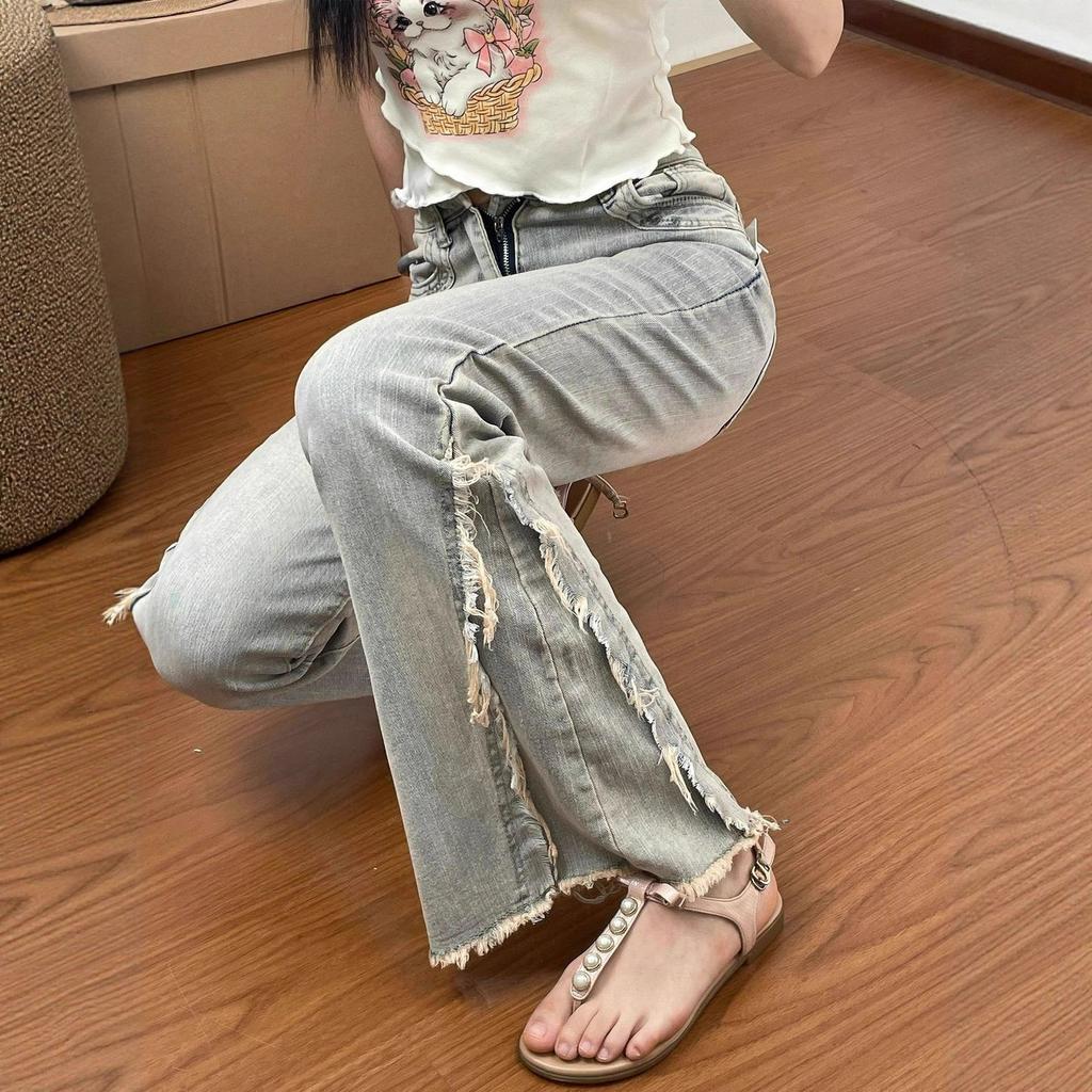 High Street Retro Micro Flared Jeans Women Burlap Patchwork Design Sense Niche Slim Thin Straight Horseshoe Pants Retro Baggy Long Jeans for Ladies