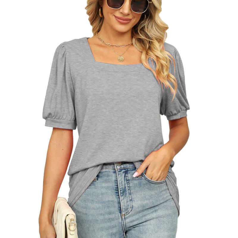 Spring Summer T-shirt Solid Color Square Neck Wrinkled Tops Bubble Short Sleeve Women's Basic T Shirts