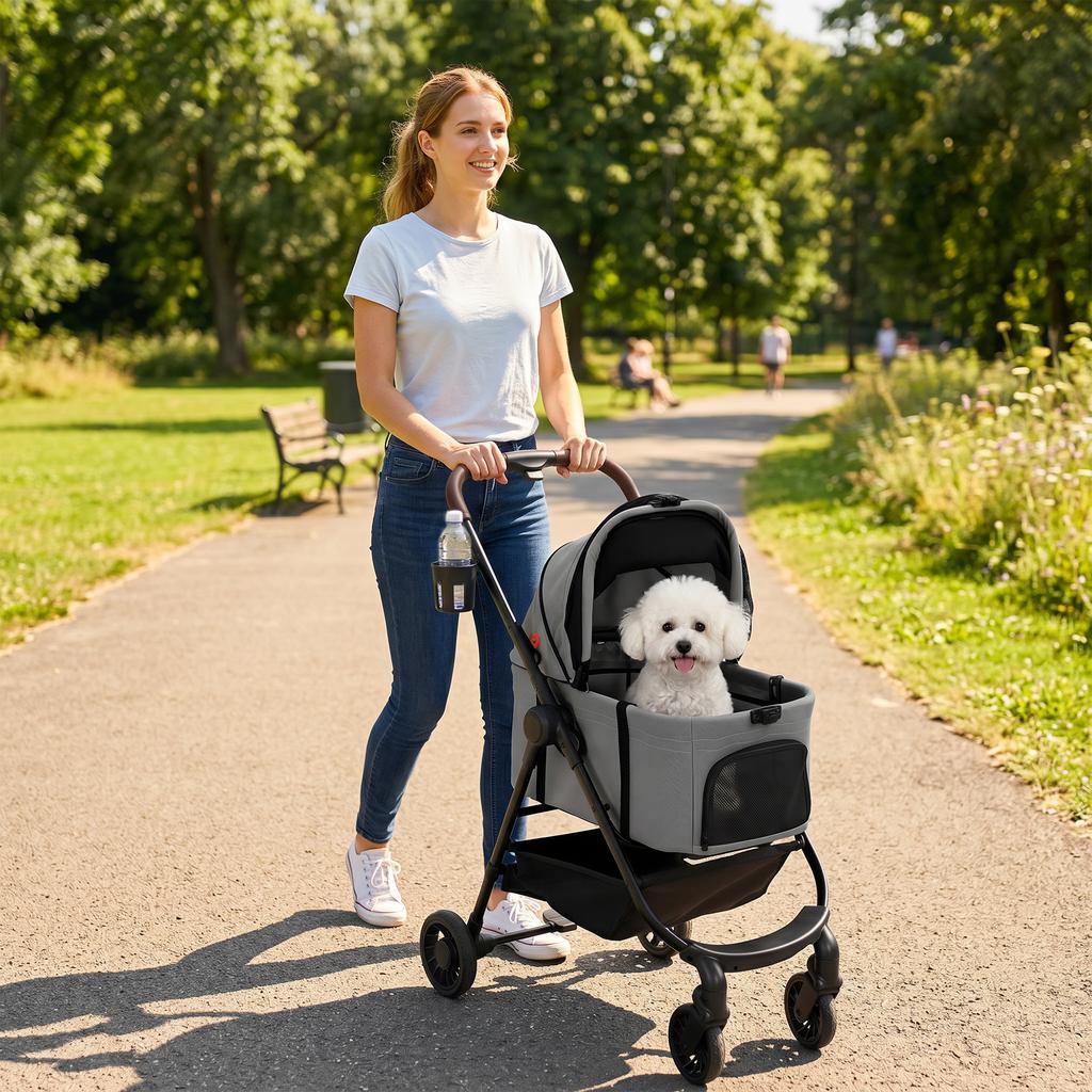 Dog Stroller, 3 In 1 Foldable Pet Stroller for Small Puppy Cat with Detachable Travel Carrier, Storage Basket, Grey
