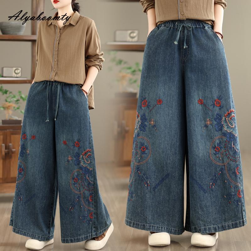 2026 Plus Size Spring Fall Women Straight Wide Leg Jeans Drawstring Floral Embroidery Denim Trousers Vintage Baggy Elegant Ladies' Jeans
