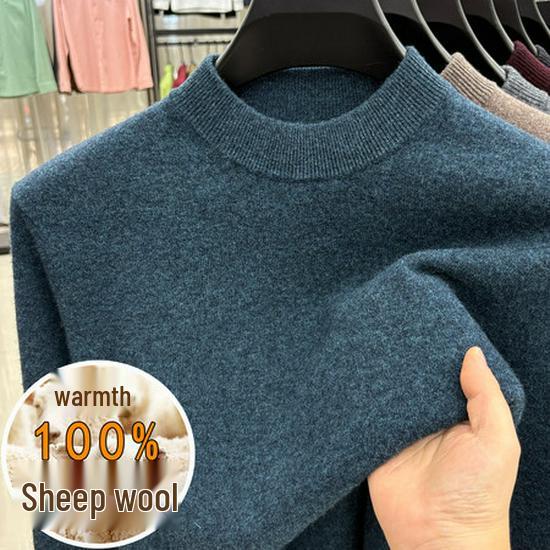 Men's 100% Wool High-Collar Knit Sweater – Thick, Warm, Solid Color, Perfect for Autumn and Winter