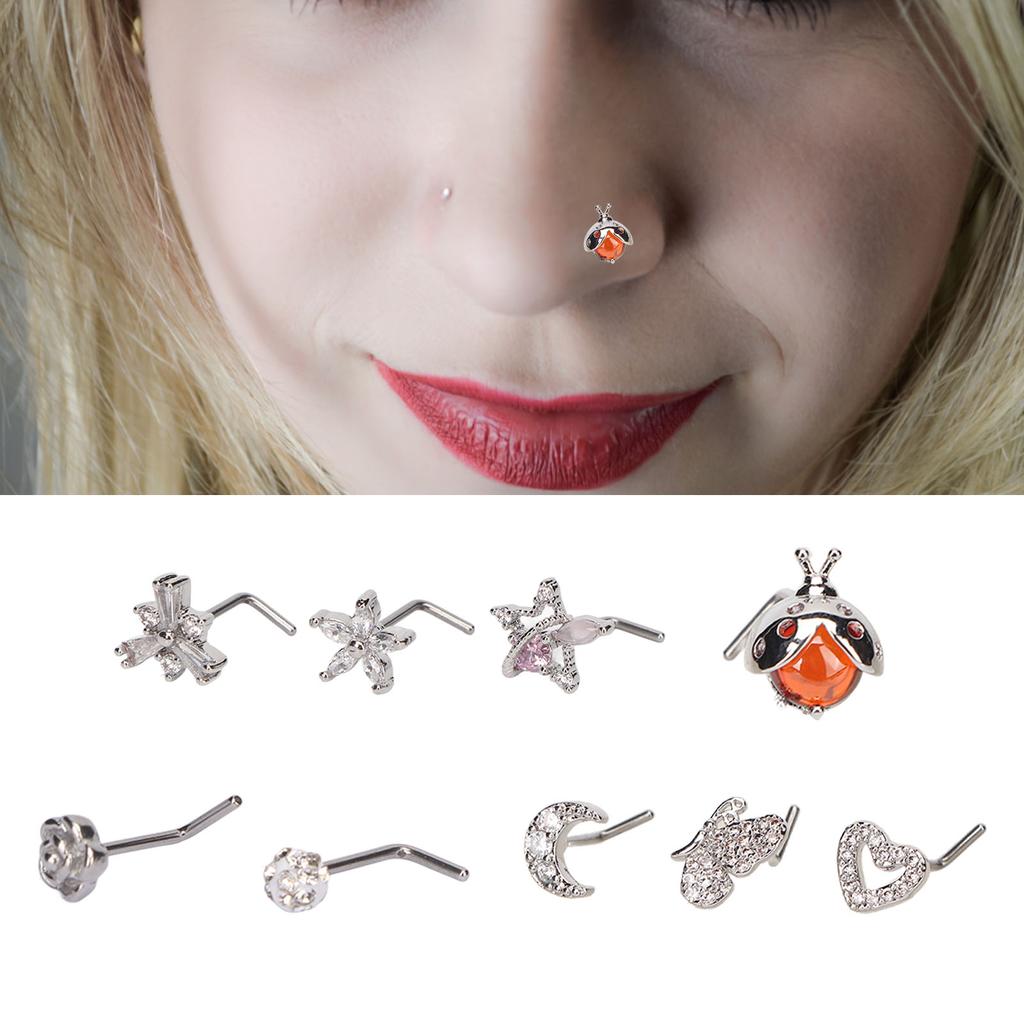 9pcs L Shaped Nose Studs Women Fashionable Stainless Steel Zirconia Nose Studs Jewelry Accessory