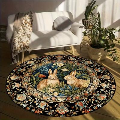 Easter Retro Floral Rabbit Pattern Round Area Rug Bedroom Living Room Garden Decor Living Room Carpet Decorative Floor Mat