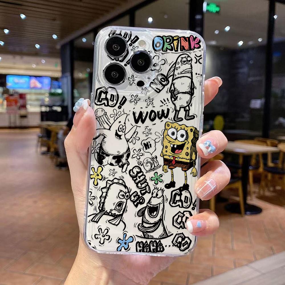 Süße SpongeBob S-Quadratpants Handyhülle für iPhone 17 Air 16 15 14 Plus 13 12 11 Pro Max X Xs XR 8 e Weiche TPU Transparente Hülle