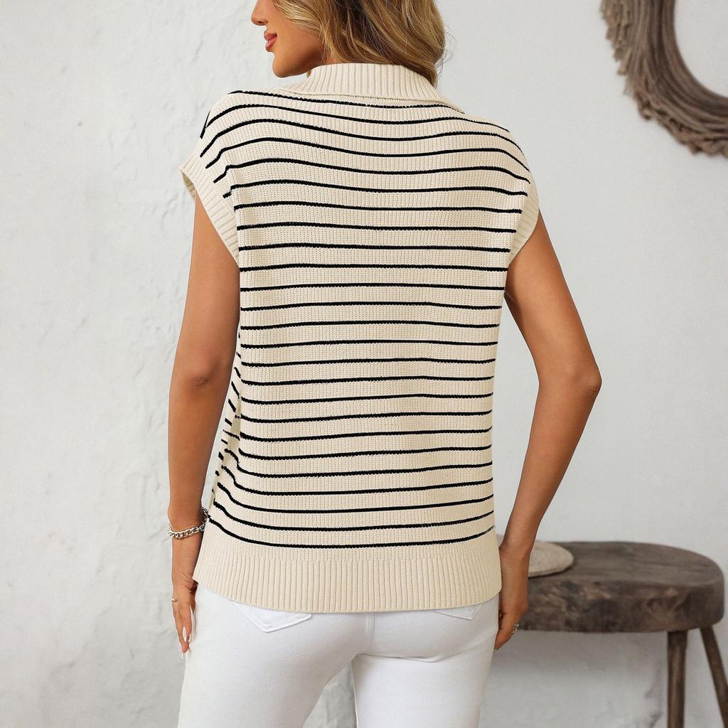Women's V,neck Knitted Top Casual Striped Sleeveless Lapel Sweater