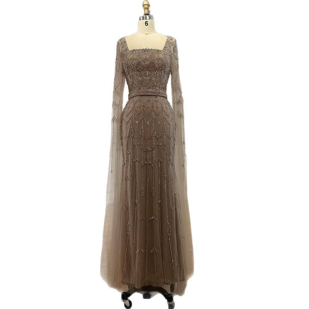 Caramel color flying sleeves high-end beaded fishtail evening dress, art exam solo host long dress LA11911A