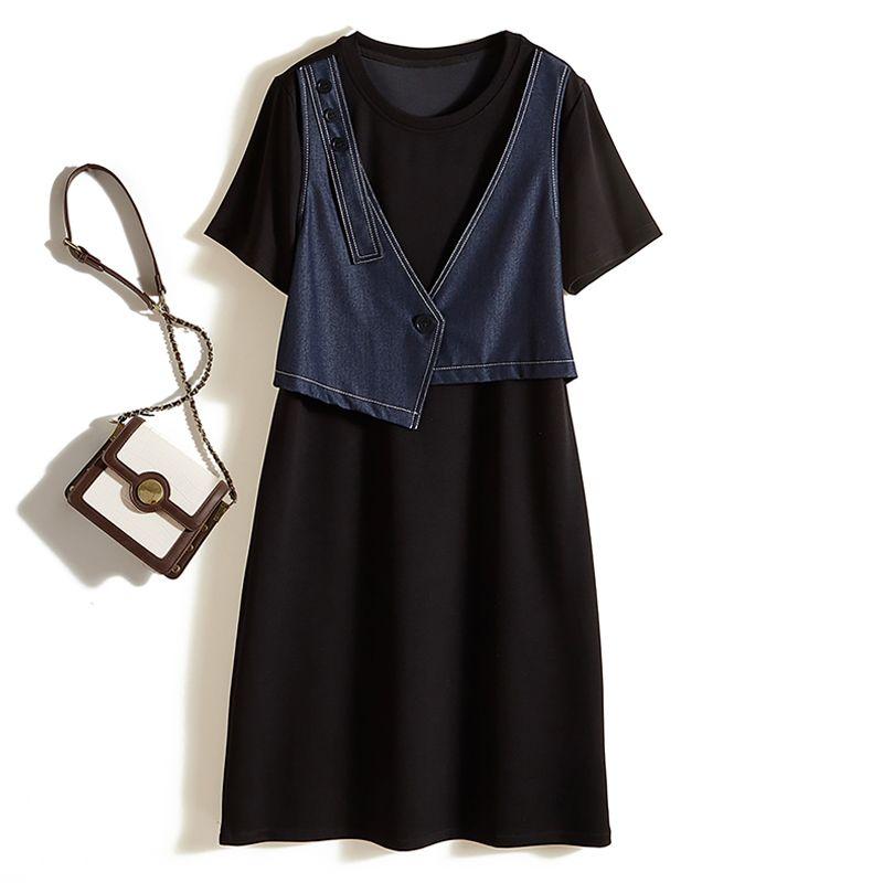 

Two Pieces Air Cotton Patchwork over the Knee Long dress! Women Irregular Color Matching Contrast Color round Neck Dress Breathable Sweat-Absorbent Black 4XL