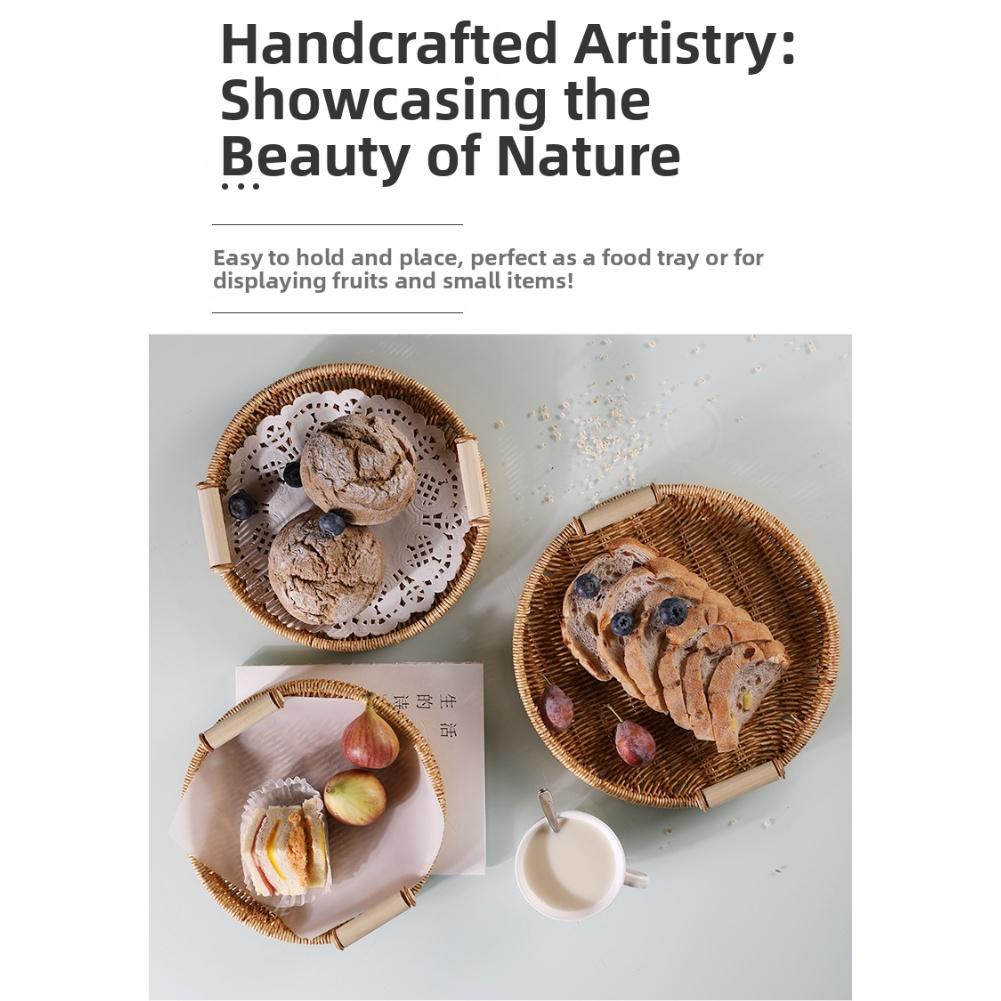 Rattan Tray Round Woven Basket For Serving Bread Portable Serving Tray With Handles Handwoven Rattan Round Shape For Restaurants