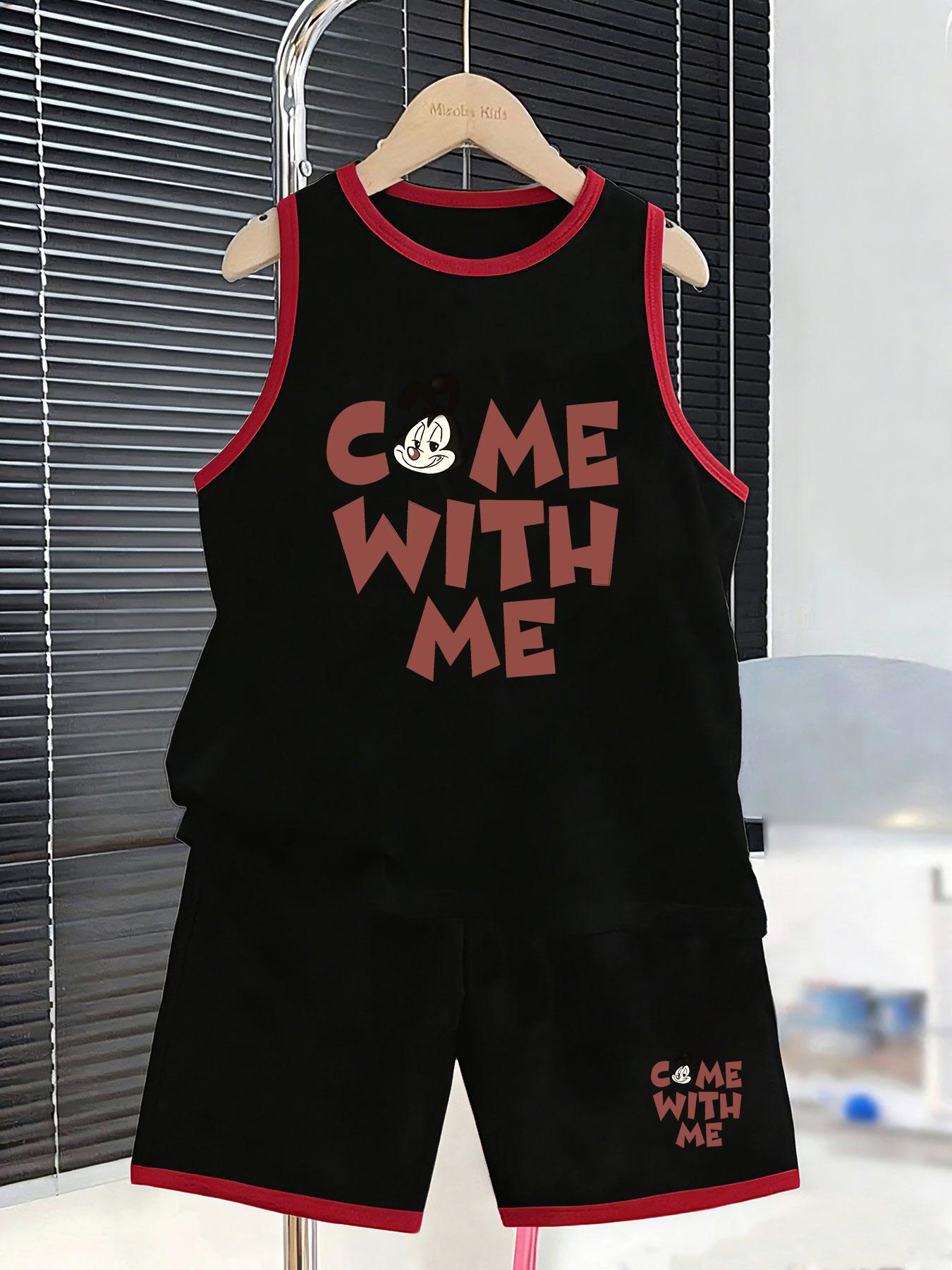 

Boys trendy cartoon mouse letter print vest shorts. Fashion graphic design, skin-friendly material for school and street casual wear. 2-3Y чёрный