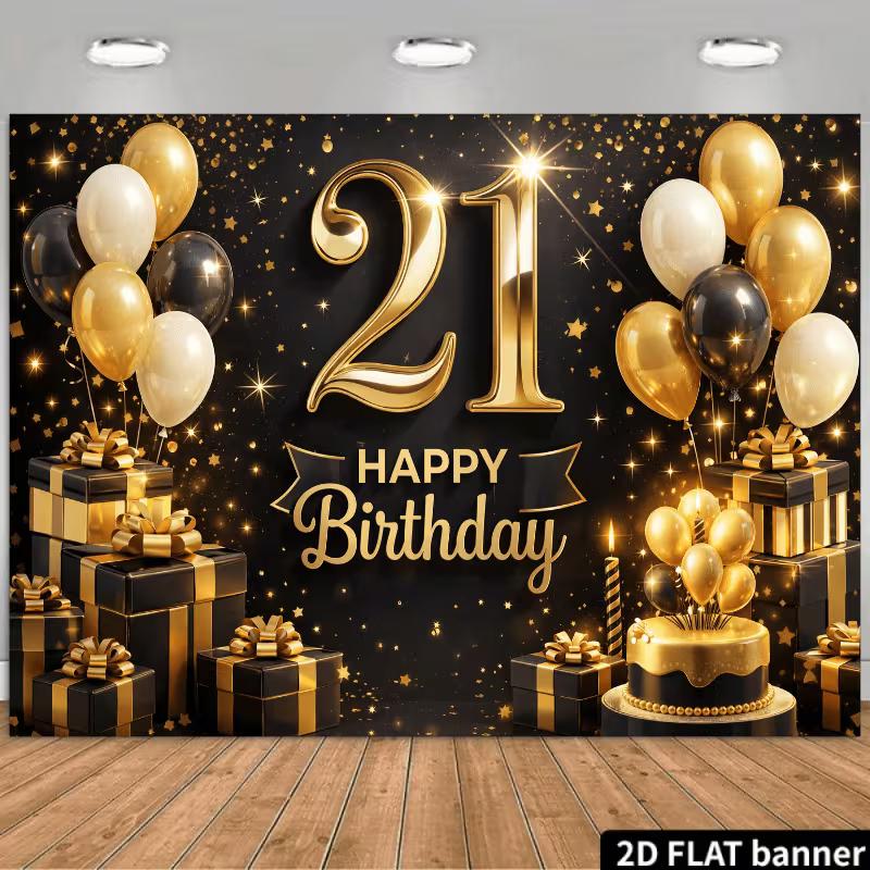 

2D Happy 21st Birthday Backdrop Black Gold Sparkle Photo Booth Background 47.2x31.5inch/120*80cm