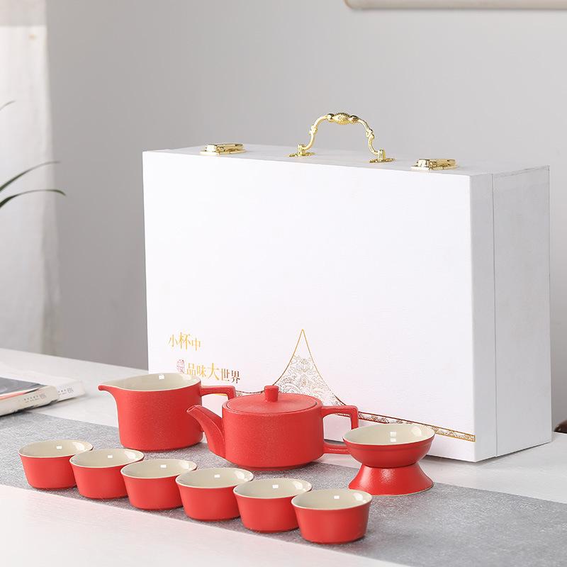 Coarse Pottery 10-Piece Teapot and Teacup Kung Fu Tea Ceramic Complete Household Simple Gift Box Set