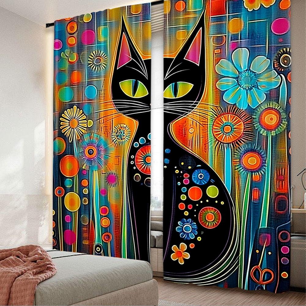 

2Pcs Rustic Black Cat Curtain Vintage Watercolor Cat Design Suitable For Living Room Bedroom And Many Other Occasions 29x65in(75x166cm)