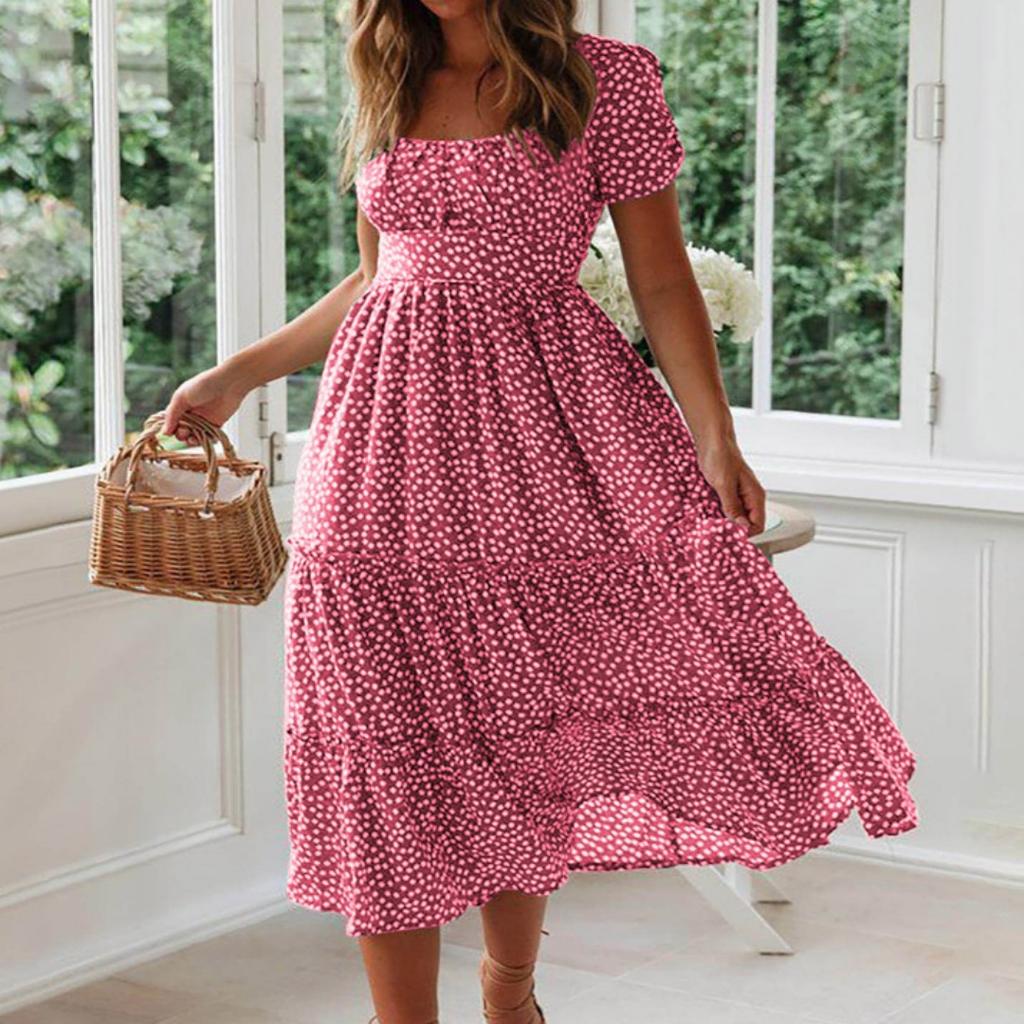 Vestidos Vintage Vintage Print Puff Sleeve Summer Beach Sweet Dresses Casual Square Collar Floral Maxi Long Dress Festa
