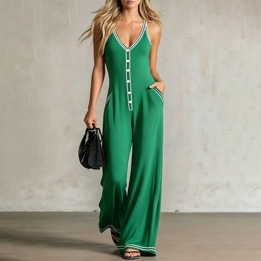 Damen ärmelloser Jumpsuit V-Ausschnitt Knopfleiste Weites Bein Tasche Lässiger Einteiler Romper