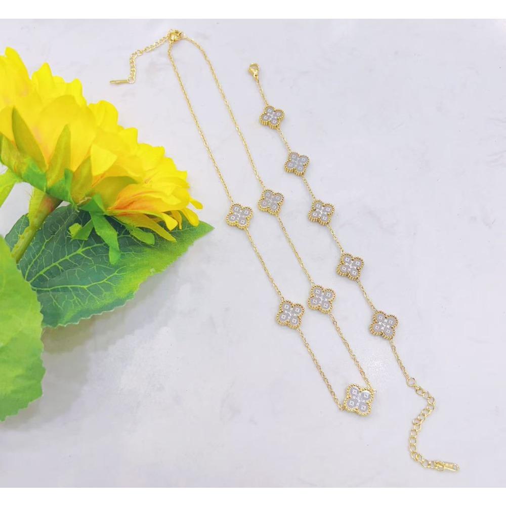 2 Piece Titanium Steel 13mm 5 Flower Clover Necklace Bracelet Set Women's Collarbone Chain Jewelry Set