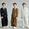Boys Letter Embroidery V-Neck Blazer Suit Set School Kids Formal Outfit Striped Shirt Pants for Wedding Party Host Performance