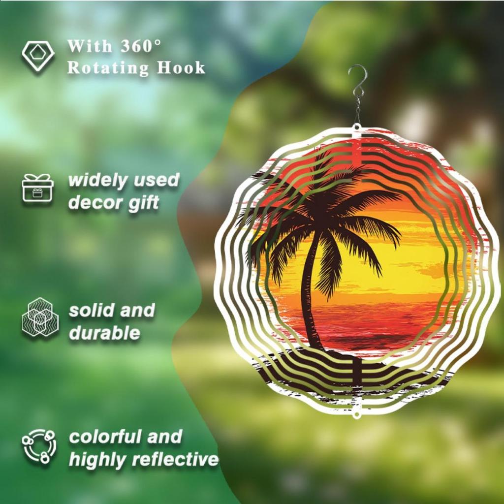 Elegant Rotating Wind Chime – Coconut Tree Sunset Design with 360° Hook, Perfect for Spring & Summer Balcony & Garden Decor